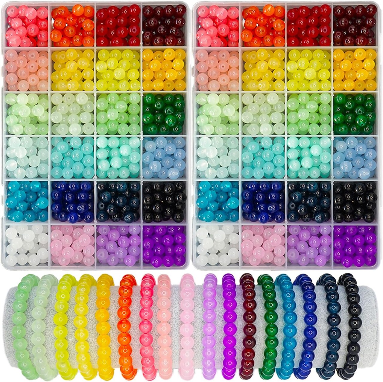 1200pcs 8mm Glass Beads – 24 Colors Crystal Bead Kit in 2 Boxes (Colorful)